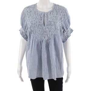Rungolee Womens Tunic Blouse Blue Striped Round Neck Short Sleeve Size M